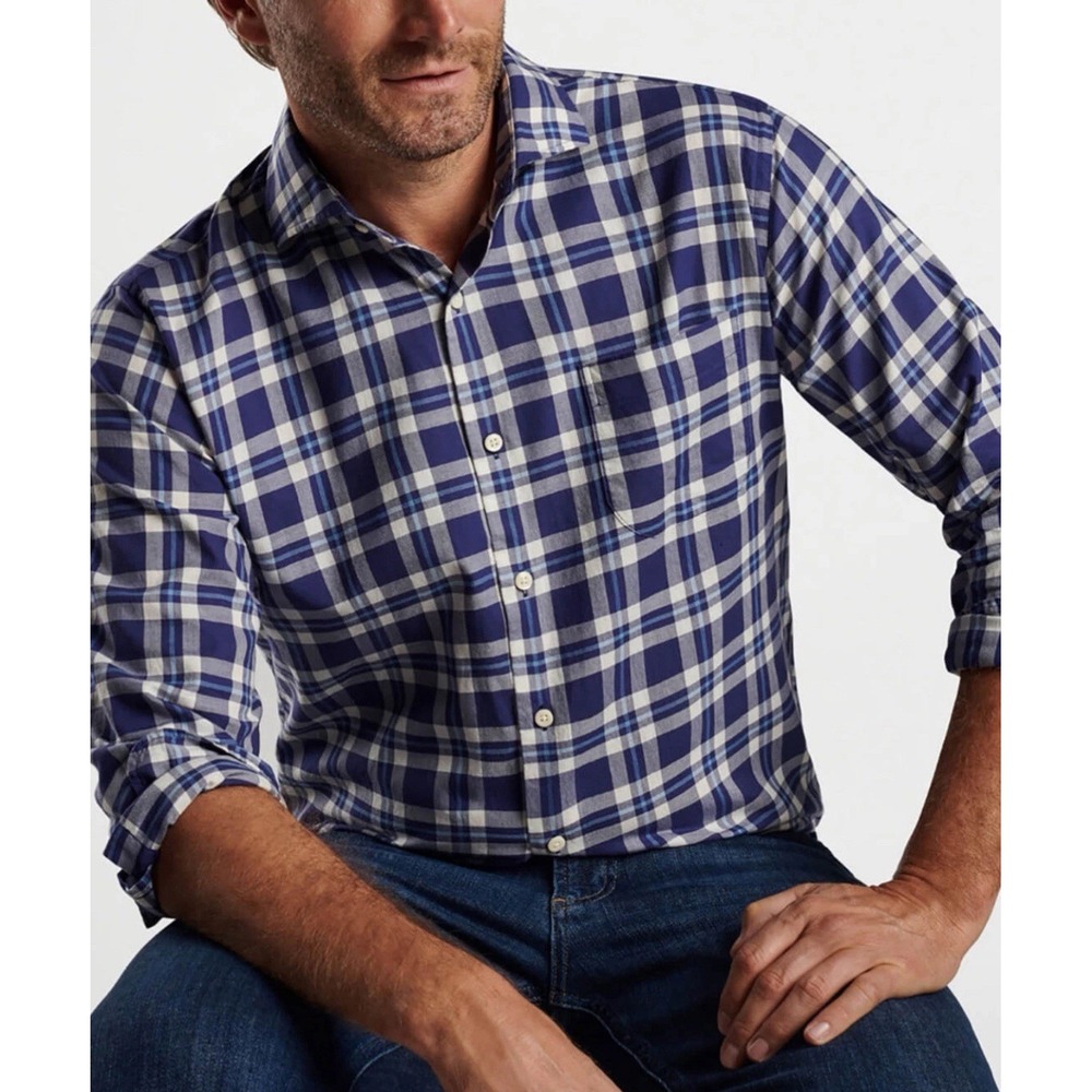Peter Millar, Men's Large, Summer Soft Sport Truett, Navy White Plaid $160